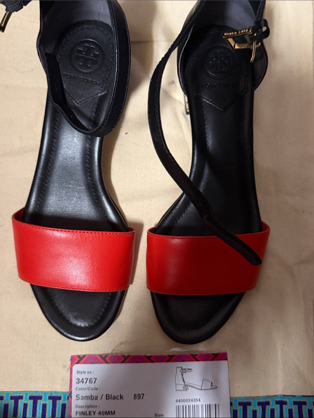 Tory Burch Red and Black Leather Ankle-Strap Sandals